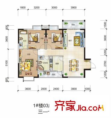 鼎盛中環(huán)戶型圖1#樓3-19層03戶型 3室2廳2衛(wèi)1廚