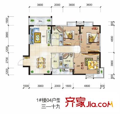 鼎盛中環(huán)戶型圖1#樓3-19層04戶型 3室2廳2衛(wèi)1廚