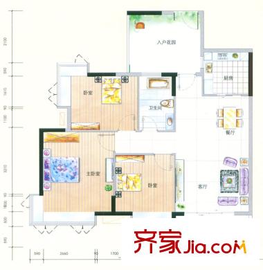 城蕊首府戶型圖3棟六層C3戶型 3室2廳1衛(wèi)