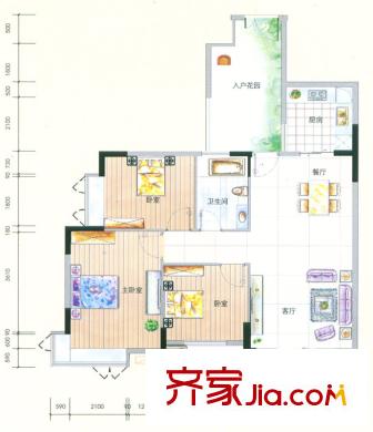 城蕊首府戶型圖2棟六層C2戶型 3室2廳1衛(wèi)