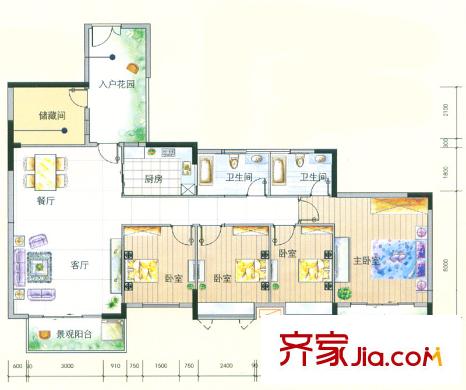 城蕊首府戶型圖2棟五層D戶型 4室2廳2衛(wèi)