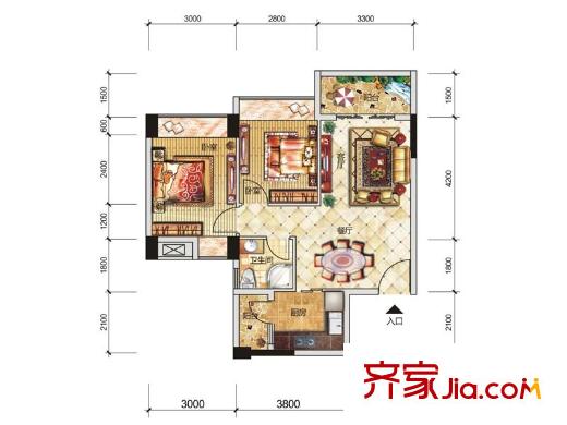 永江花園香溪1棟D戶型 2室2廳1衛(wèi)1廚