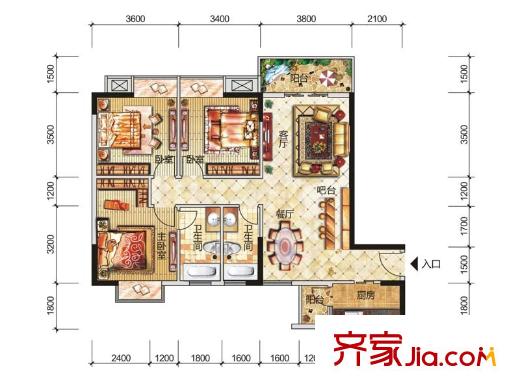 永江花園香溪1棟B戶型 3室2廳2衛(wèi)1廚