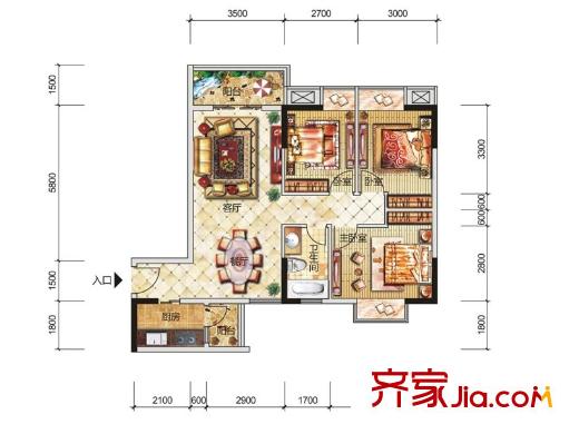永江花園香溪1棟E戶型 3室2廳1衛(wèi)1廚