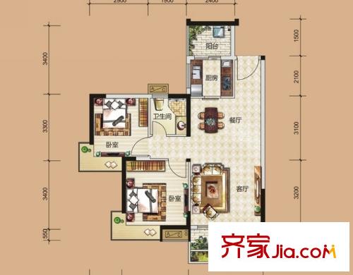 翡翠山湖三期臻萃園1-7棟標(biāo)準(zhǔn)層03、04房A戶型 2室2廳1衛(wèi)1廚
