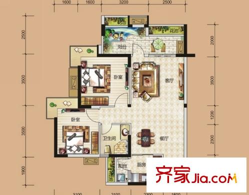 翡翠山湖三期臻萃園8-10棟01、02房/11-13棟03、04房B戶型 2室2廳1衛(wèi)1廚