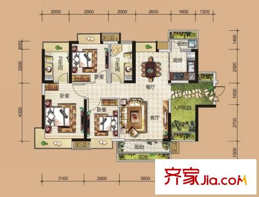 翡翠山湖三期臻萃園19-21棟01、02房/22-23棟02房H戶型 3室2廳2衛(wèi)1廚