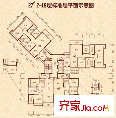 恒大雅苑戶型圖27棟2-18層01-04戶型平面圖 3室2廳2衛(wèi)1廚