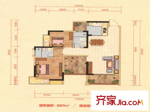 田禾盧浮公館二期1棟A戶型 3室2廳2衛(wèi)1廚