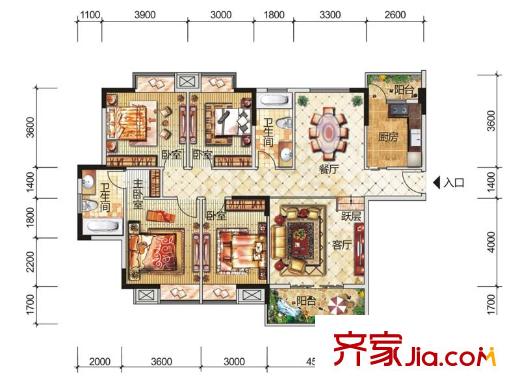 永江花園香溪1棟C戶型 4室2廳2衛(wèi)1廚
