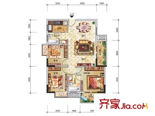 永江花園香溪1棟A戶型 3室2廳2衛(wèi)1廚