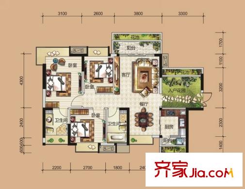 翡翠山湖三期臻萃園1-6、11-12棟標(biāo)準(zhǔn)層01、02房D戶型 3室2廳2衛(wèi)1廚