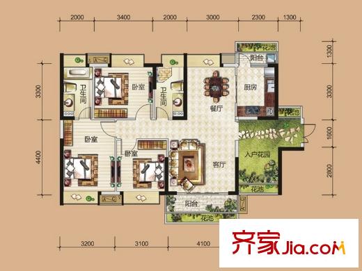 翡翠山湖三期臻萃園14-15棟標準層01、02房/16棟02房G戶型 3室2廳2衛(wèi)1廚