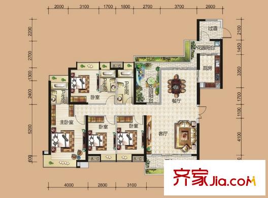 翡翠山湖三期臻萃園17、18棟標準層01、02房K戶型 4室2廳3衛(wèi)1廚
