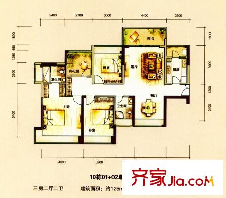 佳兆業(yè)中央豪門戶型圖10棟標(biāo)準(zhǔn)層01、02戶型圖 3室2廳2衛(wèi)1廚