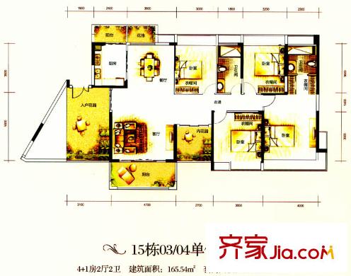 佳兆業(yè)中央豪門戶型圖15棟標(biāo)準(zhǔn)層03/04單位 5室2廳2衛(wèi)1廚