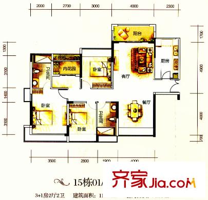 佳兆業(yè)中央豪門戶型圖15棟標(biāo)準(zhǔn)層01/02單位 4室2廳2衛(wèi)1廚
