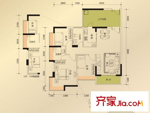 新時代家園戶型圖3棟標準層04/05號房D4戶型 3室2廳2衛(wèi)1廚