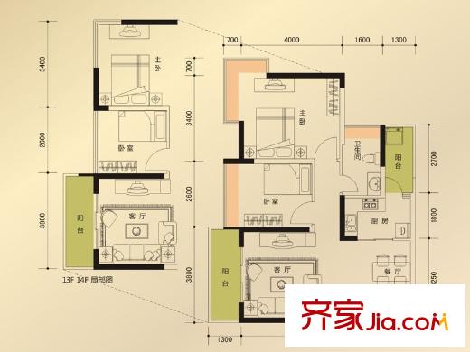 新時代家園戶型圖3棟標(biāo)準(zhǔn)層01號房D2戶型 2室2廳1衛(wèi)1廚