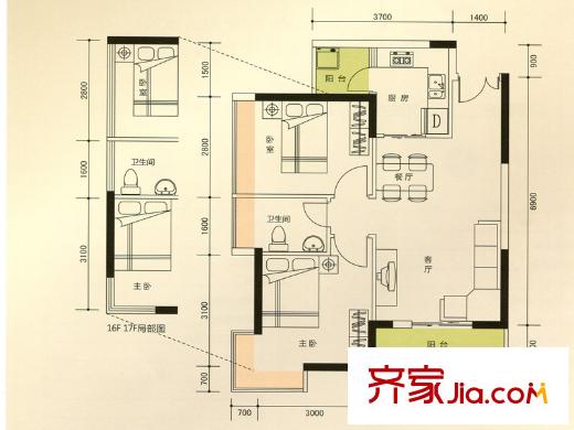 新時代家園戶型圖1棟標(biāo)準(zhǔn)層A3戶型 2室2廳1衛(wèi)1廚