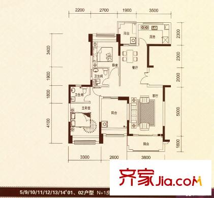 景湖榮郡戶型圖5#、9#-14#標(biāo)準(zhǔn)層01、02戶型 3室2廳2衛(wèi)1廚