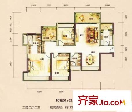 佳兆業(yè)中央豪門戶型圖10棟01 02單位125平3房2廳戶型 3室2廳1衛(wèi)1廚