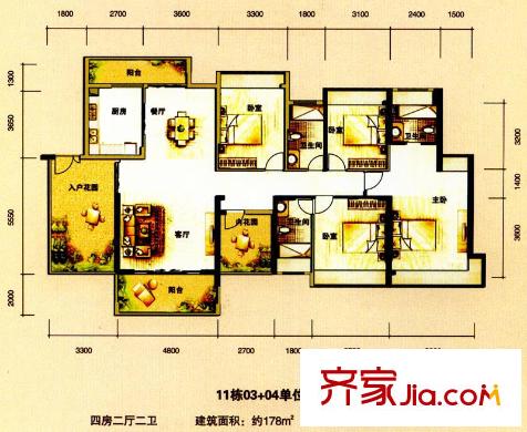 佳兆業(yè)中央豪門戶型圖11棟標(biāo)準(zhǔn)層03+04單位 4室2廳2衛(wèi)1廚