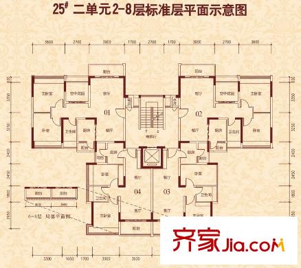 恒大雅苑戶型圖25棟2單元2-8層01-04戶型平面圖 2室2廳1衛(wèi)1廚