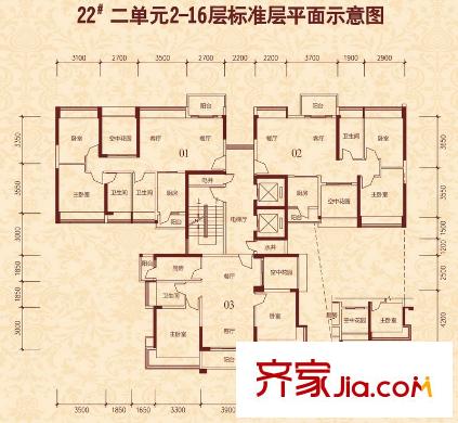 恒大雅苑戶型圖22棟2單元2-16層01-03戶型平面圖 2室2廳2衛(wèi)1廚
