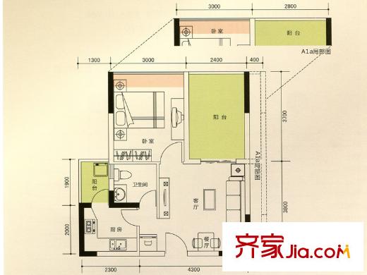 新時代家園戶型圖1棟標(biāo)準(zhǔn)層A1戶型 1室1廳1衛(wèi)1廚