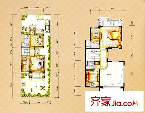 保利紅珊瑚戶型圖雙拼別墅B1戶型首層/二層 5室2廳5衛(wèi)1廚