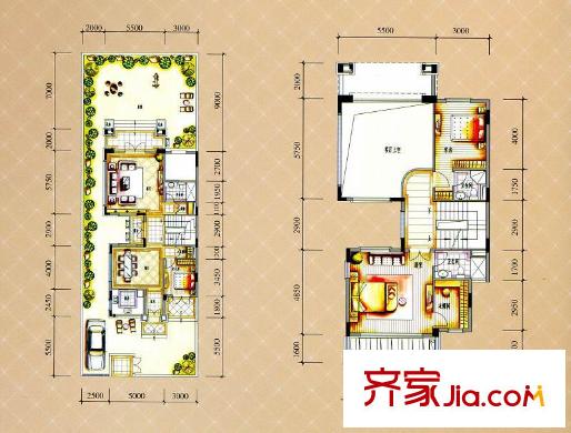 保利紅珊瑚戶型圖雙拼別墅B2戶型首層/二層 5室2廳5衛(wèi)1廚