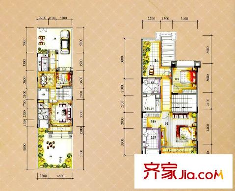 保利紅珊瑚戶型圖聯(lián)排別墅A1戶型首層/二層 4室2廳4衛(wèi)1廚