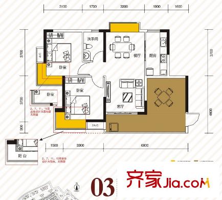 江南第一城90、91棟標(biāo)準(zhǔn)層03戶型 2室2廳1衛(wèi)1廚
