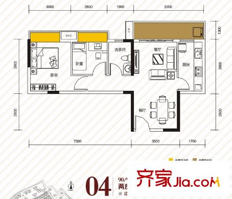 江南第一城90、91棟標(biāo)準(zhǔn)層04戶型 2室2廳1衛(wèi)1廚