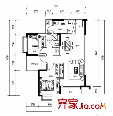 東方銀座蘭喬公館25-30棟I戶型 3室2廳1衛(wèi)1廚