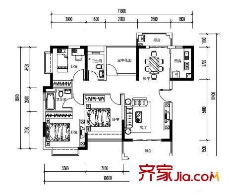 東方銀座蘭喬公館24棟113平方米戶型 4室2廳2衛(wèi)1廚
