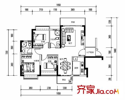 東方銀座蘭喬公館23-30棟E戶型 3室2廳2衛(wèi)1廚