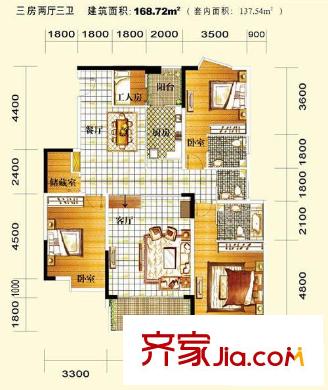 湖景壹號莊園二期9/10棟標準層01/06戶型 3室2廳3衛(wèi)1廚