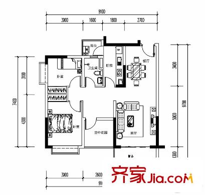 東方銀座蘭喬公館24棟92平方米戶型 3室2廳1衛(wèi)1廚
