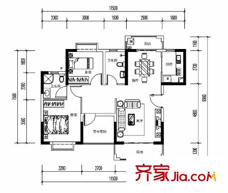 東方銀座蘭喬公館24棟99平方米戶型 3室2廳2衛(wèi)1廚