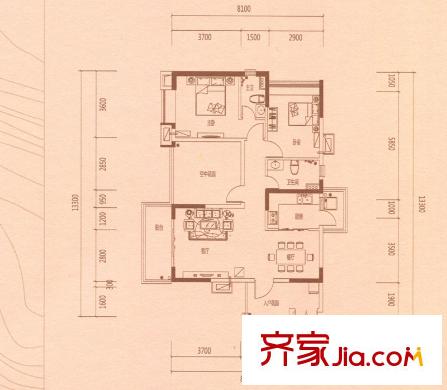 新世紀(jì)領(lǐng)居三期11、12棟G1戶型 3室2廳2衛(wèi)1廚