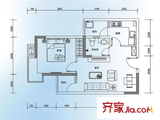 方中蘭亭軒A1戶型圖 1室1廳1衛(wèi)1廚
