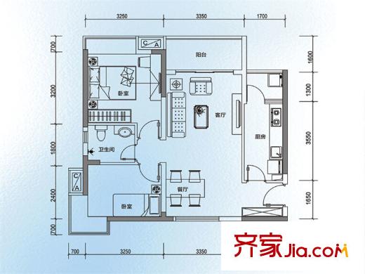 方中蘭亭軒B1戶型圖 2室2廳1衛(wèi)1廚