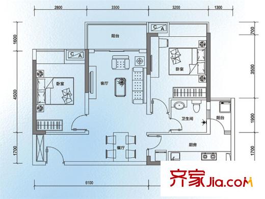方中蘭亭軒B3戶型圖 2室2廳1衛(wèi)1廚