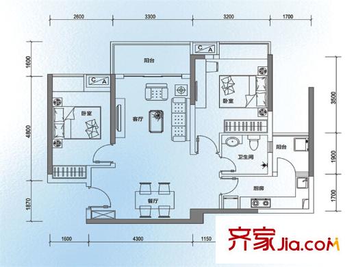 方中蘭亭軒B2戶型圖 2室2廳1衛(wèi)1廚