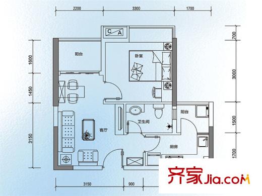 方中蘭亭軒A2戶型圖 1室1廳1衛(wèi)1廚