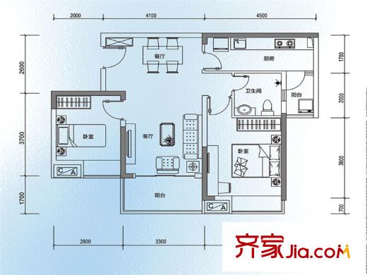 方中蘭亭軒B4戶型圖 2室2廳1衛(wèi)1廚