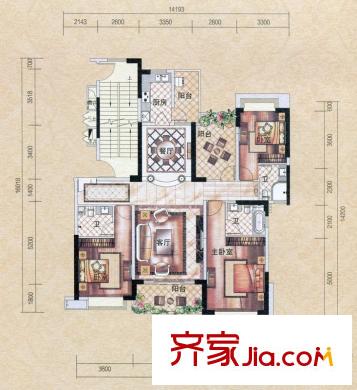 錦繡山河四期1#1單元02戶型圖 3室2廳3衛(wèi)1廚