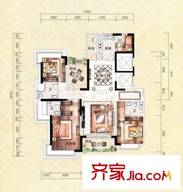 錦繡山河四期1#1單元01戶型圖 3室2廳3衛(wèi)1廚